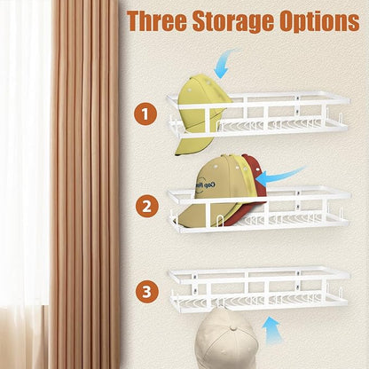 White Metal Wall Mounted Hat Racks for Baseball Caps, 2-Pack Sturdy Hat Organizer Holds 60+ Caps, Wall & Closet Display Storage Holder