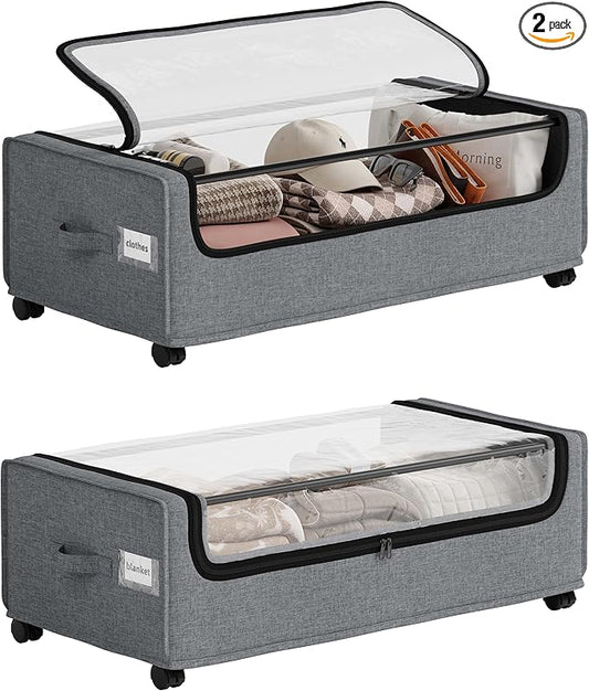 Under Bed Storage, Tall Size Under Bed Storage With Wheels, Under bed Shoe Storage, Metal Frame, 90L Capacity, Storage Drawers for Bedroom