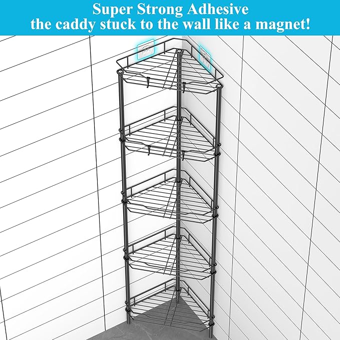 HuggieGems 5 Tier Floor Standing Corner Shower Caddy Organizer Shelf with Hooks, Bathroom Shelves Stand Rack, Matt Black