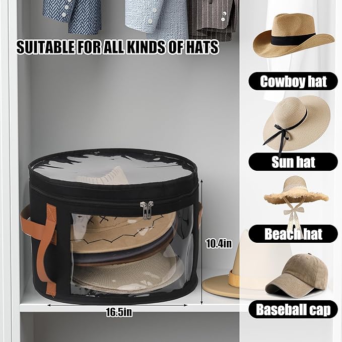 Veki Hat Organizer, Hat Box for Women Storage, Large Clear Felt Hats Box, Wide Brim Cowboy Hats Storage Boxes for Men, Round Brim Cap Boxes With Dustproof Lid for Travel and Wardrobe (Black)
