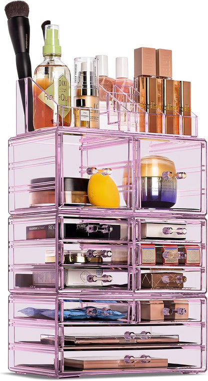 Sorbus Large Makeup Organizer - Clear Stackable Jewelry & Makeup Organizer For Vanity, Bathroom Storage, Dresser - 12 Drawers Cosmetic Beauty Organizers and Storage with Lipstick, Makeup Brush Holder