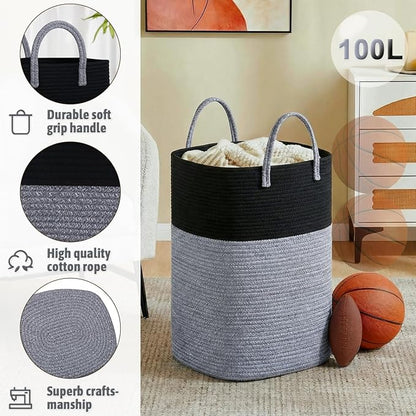 Laundry Basket,Woven Cotton Rope Laundry Hamper,Versatile Storage for Dirty Clothes,Baby Toys,and Blankets in Bathroom, Nursery,and Living Room (Black, 100L)