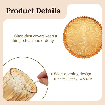 2Pack Vintage Lead-Free Glass Qtip Holder with Dust-Proof Lid, 3.5inch Diameter Storage Canister (Amber)