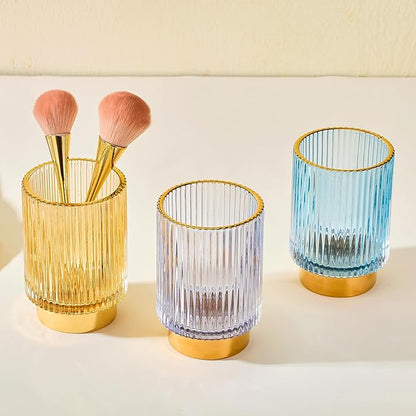 Makeup Brush Holder Organizer,Toothbrush Holders,Desk Pen Pencil Holder,Multifunctional Vintage Glass Brush Cup（L/Gold/A3-7-US）