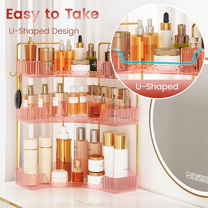 Corner Bathroom Counter Organizer 3-Tier Bathroom Organizer Countertop with Hooks Perfume Organizers Storage Shelf for Makeup & Skincare Dresser-Pink