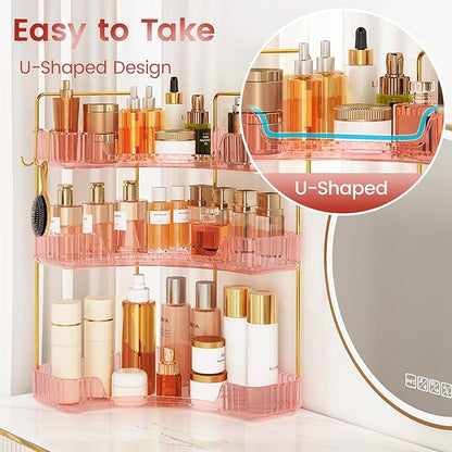 Corner Bathroom Counter Organizer 3-Tier Bathroom Organizer Countertop with Hooks Perfume Organizers Storage Shelf for Makeup & Skincare Dresser-Pink