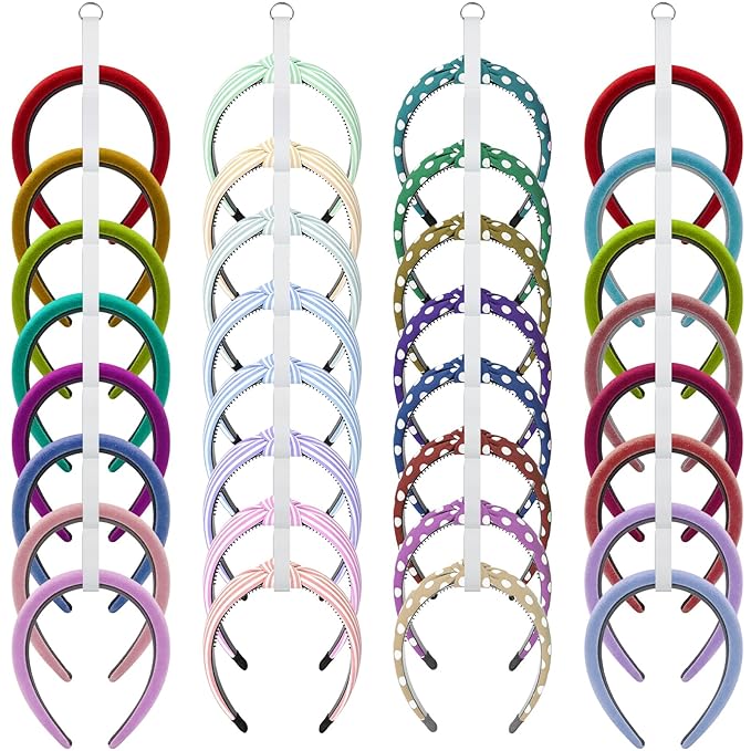 FMOACEN 4 Pcs Headband Holder Organizer, White Hanging Wall Mounted Hairband Accessories, Hair Hoop Storage Display with 32 Total Rings for Women Girls, Bedroom Dorm Closet Decor