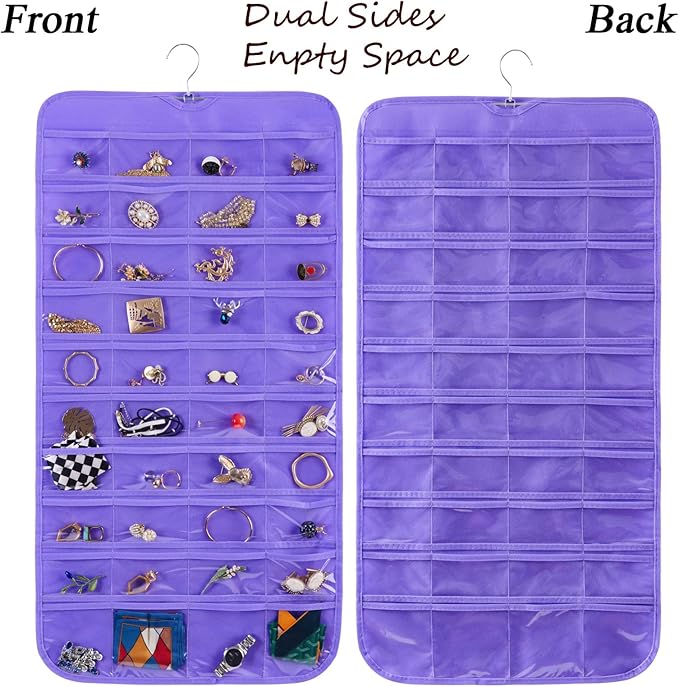Bloss Hanging Jewelry Organizer, 80 Pockets Dual Sides Wall Jewelry Organizer Storage Dorm Room Essentials for Girls Necklace Organize And Earring Holder Hang on Closet/Door (Purple)