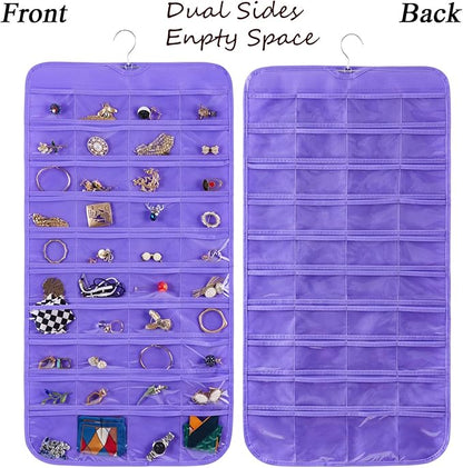 Bloss Hanging Jewelry Organizer, 80 Pockets Dual Sides Wall Jewelry Organizer Storage Dorm Room Essentials for Girls Necklace Organize And Earring Holder Hang on Closet/Door (Purple)