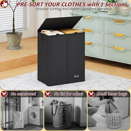 150L Laundry Hamper 2 Section, Large Laundry Hamper with Lid, Dirty Clothes Hamper with 2 Removable Inner Bags, Collapsible Laundry Basket Organizer for for Clothes Toys Towels, Hamper 2 Compartment