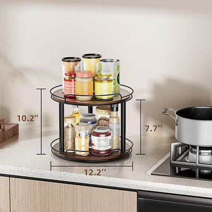 LAMU 12'' Wood Lazy Susan Turntable Organizer for Cabinet, 2 Tier Lazy Susan Spice Rack Organizer for Kitchen, Table Top, Countertop, Pantry, Bathroom