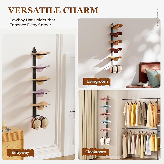 Cowboy Hat Rack for Wall, Cowboy Hat Holder Wall Mount Holds up to 6 Hats, Wooden Western Rustic Metal Hat-Organizer with Arrow Sign Board, Display and Decor Rack for Fedora, Sun Hats,Baseball Caps