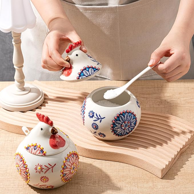 LemonRoad 2 Pcs Ceramic Salt Cellar with Lid and Spoon, 13oz Large Chicken Rooster Cookie Jar Salt Containers Holder for Countertop Spices, Ideal for Adding Charm to Kitchen Christmas Decor(Red,Blue)