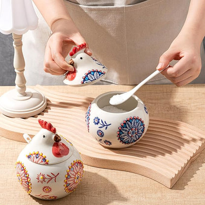 LemonRoad 2 Pcs Ceramic Salt Cellar with Lid and Spoon, 13oz Large Chicken Rooster Cookie Jar Salt Containers Holder for Countertop Spices, Ideal for Adding Charm to Kitchen Christmas Decor(Red,Blue)