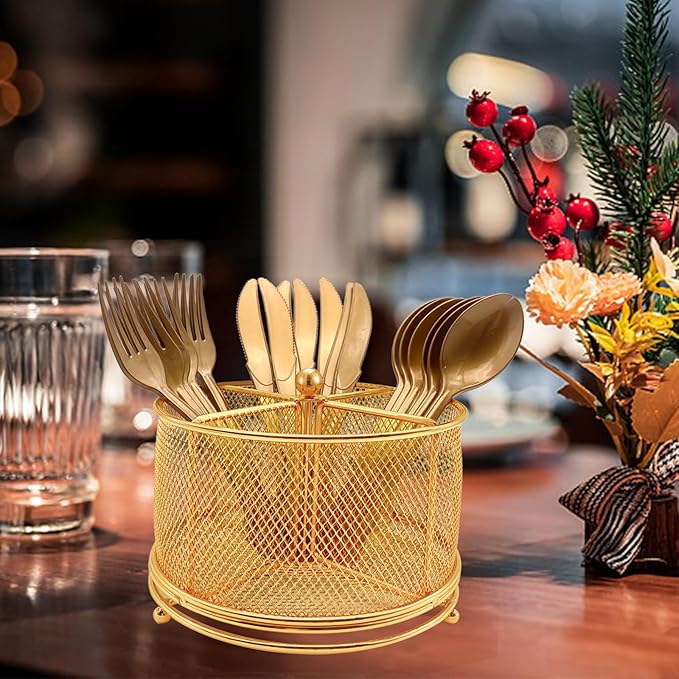 DysanVica 360° Rotating Metal Utensil Caddy - 4 Compartment Silverware Cutlery Holder Rotation Fork Spoon Napkin Organizer Flatware Storage Basket Party Countertop Buffet Picnic Camping Outdoor Gold