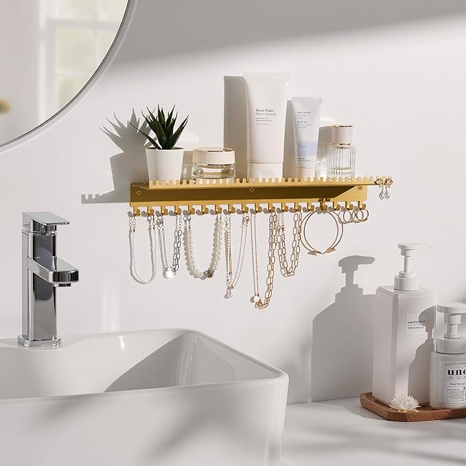 Necklace Holder Wall Hanging Organizer: Wall Mounted Jewelry Shelf with 56 Hooks and Tray, Display Hanger for Kids, Girls and Women, Gold & Metal