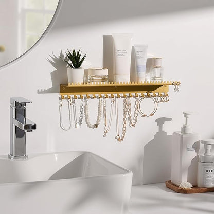 Necklace Holder Wall Hanging Organizer: Wall Mounted Jewelry Shelf with 56 Hooks and Tray, Display Hanger for Kids, Girls and Women, Gold & Metal