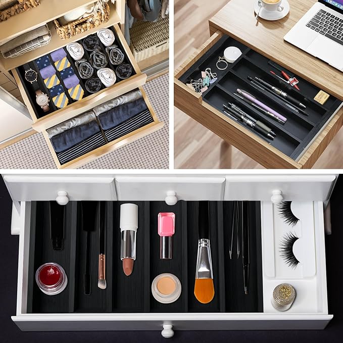 Bamboo Kitchen Drawer Organizer Tray Black Expandable Spoon Silverware Organizer Large Utensil Holder Drawers Divider Adjustable Cutlery Flatware Organizers for Drawer Wood Utensil Silverware Tray
