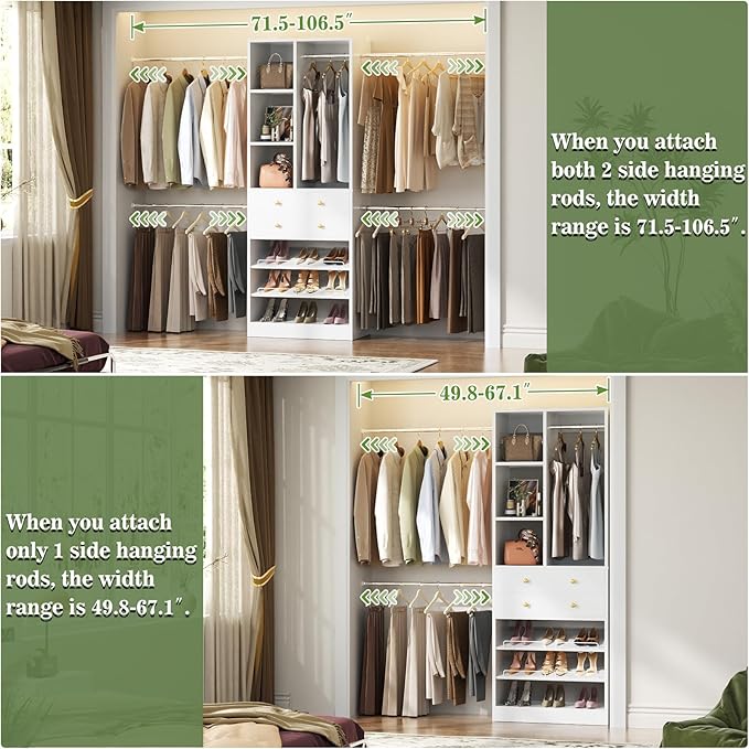 Besiost Closet System, 4.2–8.8 FT Closet Organizer with 2 Wooden Drawers and Shelves, Walk-in Closet System with 5 Hang Rods, Built-in Reach in Closet Tower, Can Fit 60 to 96 inch, White