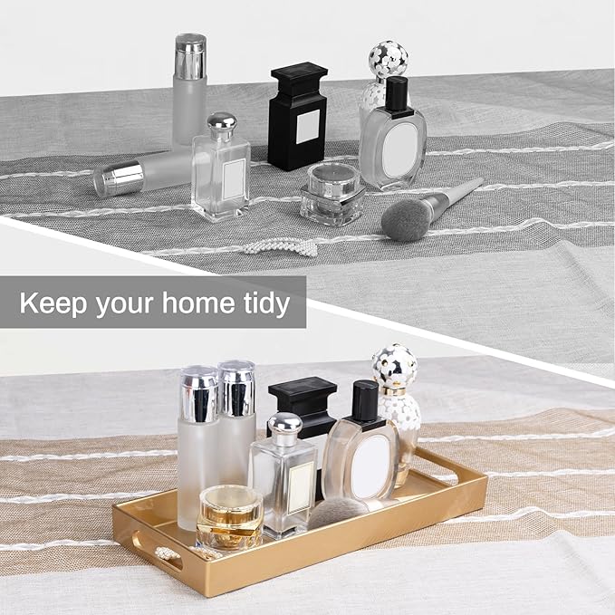 MAONAME Gold Vanity Tray, Plastic Decorative Tray, Rectangular Trays with Handles, Narrow Bathroom Trays for Toilet Tank, 13.8" X 6" X 1.57"