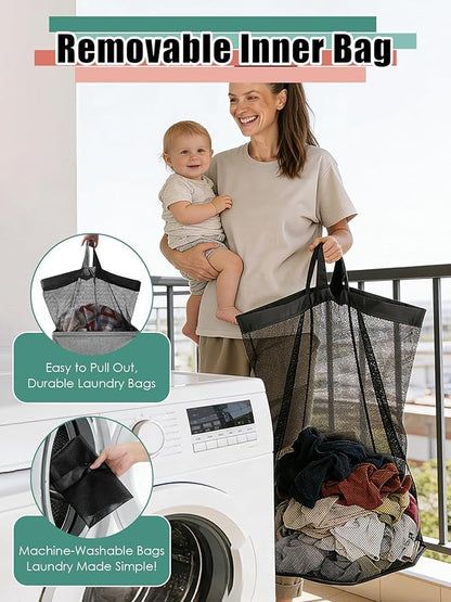 WTREE Laundry Hamper with Lid, Reinforced Sturdy Clothes Hamper with Anti-Puncture Base, Large Collapsible Laundry Basket with Removable Liner Bag, Tall Dirty Clothes Bin for Family, 100L Grey