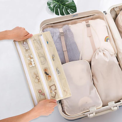 Cabilock 66 Pockets Hanging Jewelry Organizer, Double Sided Zippered Earring Holder with Clear Pockets, Space Saving Necklace Bracelet Ring Storage Bag for Closet, Door, Wall and Travel, Beige 1pcs