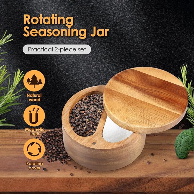 UKQRRTC Salt and Pepper Bowl Acacia Wood Salt and Pepper Box with Rotating Magnetic Lid 2 Compartments Salt and Pepper Cellar with Spoons Salt Spice Box for Salt Pepper Spice Sugar