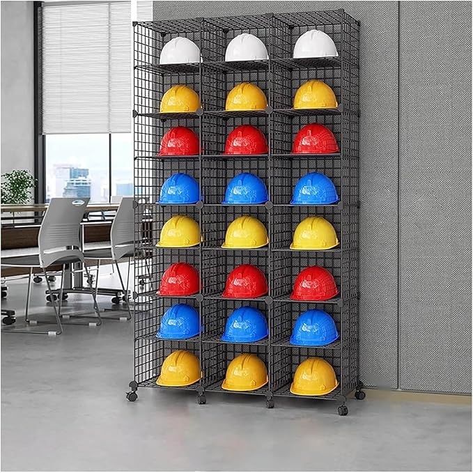 Stackable Safety Helmet Storage Boxes, Large Adjustable Hard Hat Placement Organizer Rack with Wheels for Construction Site/Garage/Workshop/Factory Helmet Display Shelf (3 * 8)