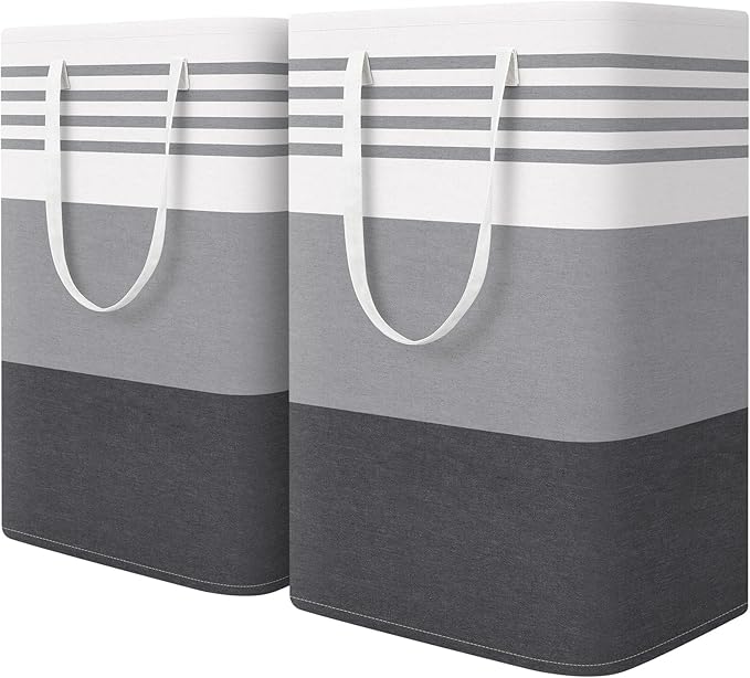 WOWBOX 2 Pack Laundry Baskets, Laundry Hampers, Freestanding Dirty Clothes Hampers with Reinforced Handles & Cross Stitch & Waterproof Coating, for Laundry Bedroom Bathroom Dorm,75L Grey