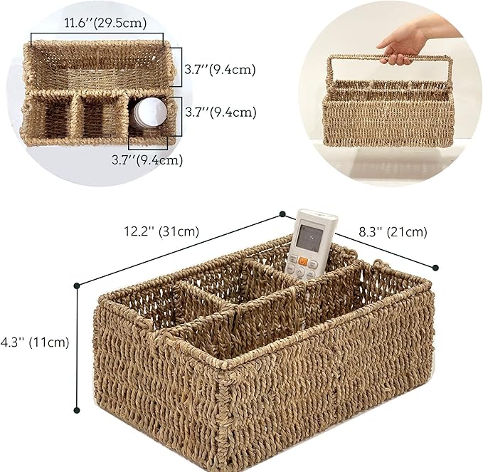 Large Wicker Utensil Caddy Carrier | Water hyacinth Woven Condiment Holder for Table - Kitchen Set Counter Top Organizer - Rustic Small Storage for Dinner Set, Wine