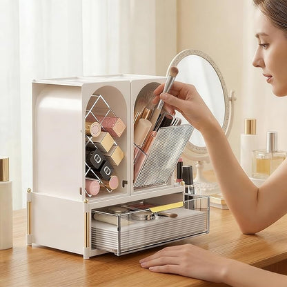 FOLLOWIN Compact Makeup Organizer Set, Lipstick Holder with Grid,Makeup Brush Organizer with Flip Drawer, 2 Ways to Arrange, Milk White Vanity Countertop Storage with Detachable Drawer for Cosmetics