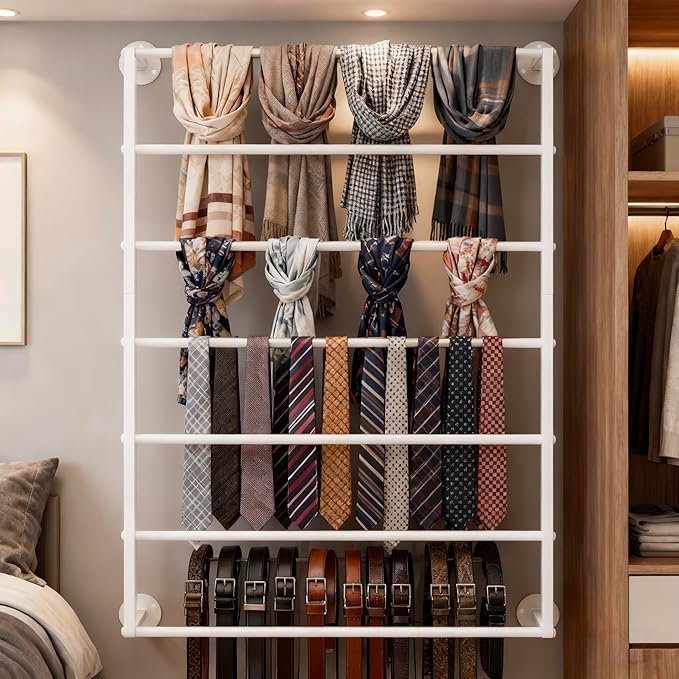 Wall Mounted Display Rack, 7-Layer Wrapping Paper Ribbon Organizer Scarves Tie & Scarf Rack Belts Towel Holder Necktie Hijab Stand Metal Shelving for Home, Retail Stores, Flower Shop