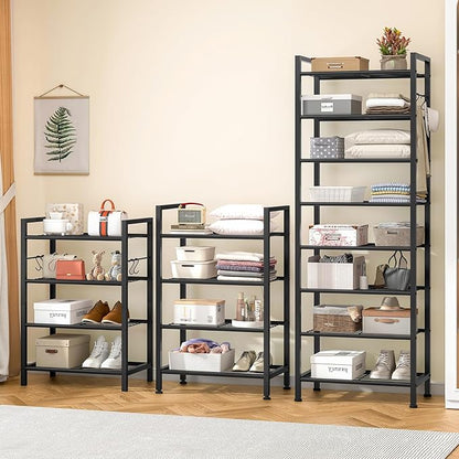 8 Tiers Narrow Shoe Rack 16-24 Pairs, Sturdy Metal Tall Shoe Rack with 4 Hooks, Slim Shoe Storage Organizer with Metal Shelf, Space Saving Vertical Shoe Shelf for Entryway, Closets, Black