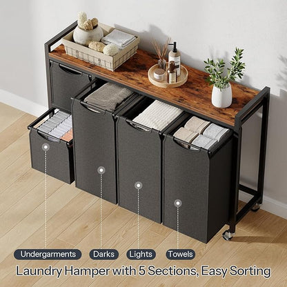 HOOBRO Laundry Sorter with 5 Sections, 45.5 Gal. (170 L) Laundry Hamper with Wheels and Shelf, Large Capacity, Laundry Basket with Removable Bags, 44.1"L x 11.8"W x 31.5"H, Rustic Brown, BF26XY01