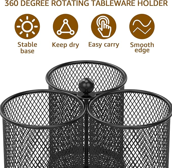 360° Rotating Metal Utensil Caddy, 3 Compartment Utensil Organizer Metal Flatware Caddy Kitchen Utensil Holder Practical Flatware Organizer Multifunctional Cutlery Storage Holder for Home (01)
