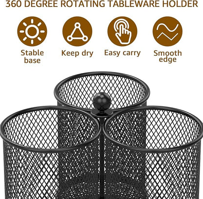 360° Rotating Metal Utensil Caddy, 3 Compartment Utensil Organizer Metal Flatware Caddy Kitchen Utensil Holder Practical Flatware Organizer Multifunctional Cutlery Storage Holder for Home (01)