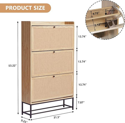 AVZEAR Narrow Shoe Storage Cabinet with 3 Flip Drawers, Freestanding Shoe Organizer Wooden Closed Shoe Rack, Slim Shoe Cabinet Storage for Entryway, Hallway, Living Room (Natural)