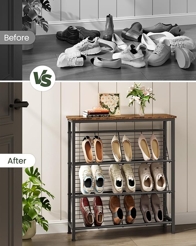 CHOEZON Shoe Rack, 4-Tier Narrow Shoe Storage Shelf, Slim Shoe Rack with Wooden Top and Metal Shelves, Slanted Shoe Organizer, Industrial Style, for Entryway, Hallway, Rustic Brown and Black TXJ76BF