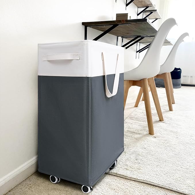 Goodpick Laundry Baskets 2-Pack, 75L Hamper with Wheels, Foldable Laundry Baskets with Removable Wash Bags, Rolling Laundry Hamper for Corner Dorm, Slim Laundry Basket, Grey&White