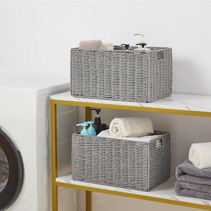 Vagusicc Wicker Storage Basket, Set of 2 Hand-Woven Paper Rope Wicker Basket, Small Storage Baskets for Organizing Toilet Paper Basket, Foldable Large Cube Storage Organizer Bins for Shelves (Grey)