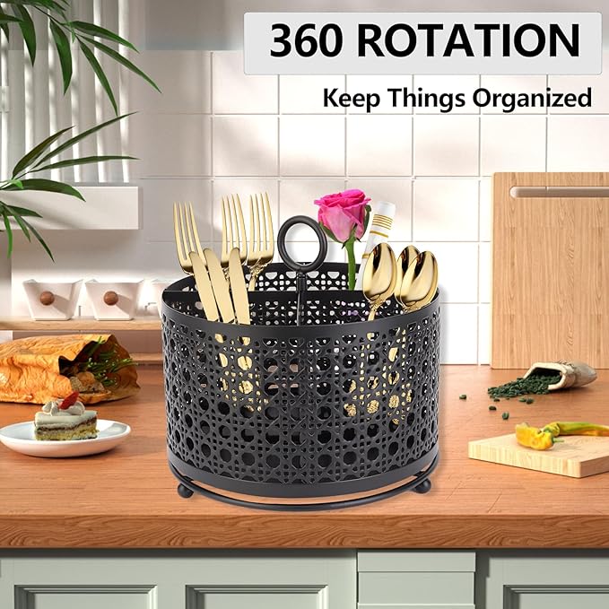 NelyBet 360° Rotating Utensil Caddy With Handle, Cutlery Silverware Caddy Holder Flatware Organizer with 4 Compartment For Kitchen Countertop Party Office Black