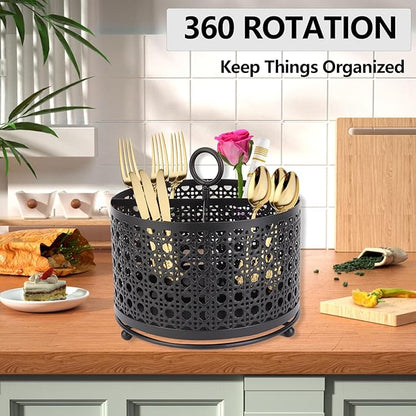 NelyBet 360° Rotating Utensil Caddy With Handle, Cutlery Silverware Caddy Holder Flatware Organizer with 4 Compartment For Kitchen Countertop Party Office Black