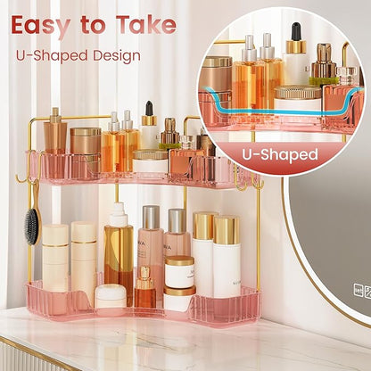 Delicate Pink 2-Tier Corner Counter Organizer with Expandable Hooks | Bathroom, Kitchen & Vanity Storage for PET Makeup, Skincare & Jewelry
