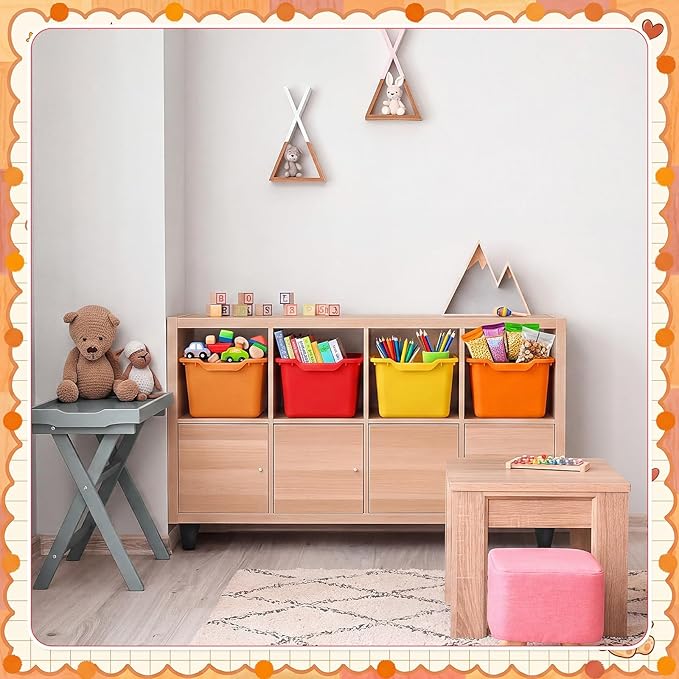 Dandat 16 Pcs Plastic Book Bins for Classroom Library Cubby Bins Scoop Front Stackable Toy Storage Tubs Containers for School Office Home Nursery Playroom Organization (Warm Series)