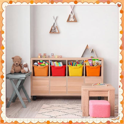 Dandat 16 Pcs Plastic Book Bins for Classroom Library Cubby Bins Scoop Front Stackable Toy Storage Tubs Containers for School Office Home Nursery Playroom Organization (Warm Series)