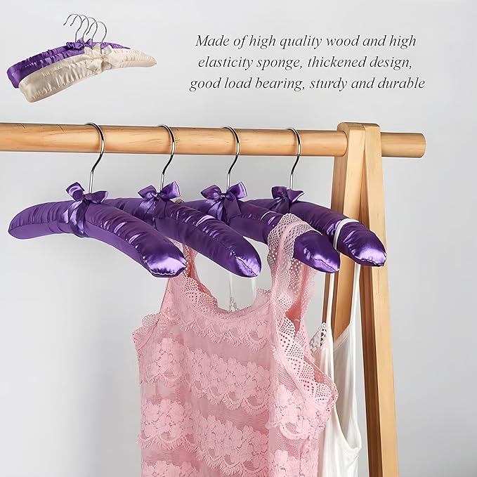 5 Pack Satin Padded Hangers for Women Clothing, Anti Slip Sponge Fabric Clothing Hangers Coat Racks for Sweater, Coat, Suit, Dress (Purple)