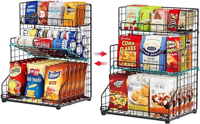 X-cosrack 3-Tier Snack Organizer Rack Bins with Adjustable Tilting Design for Pantry Storage,Metal Wire Snack Holder for Kitchen Bathroom Cabinets Countertops