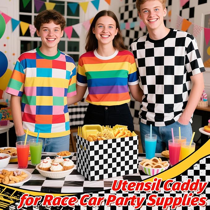 2PCS Black and White Checkered Utensil Holder Paper Utensil Caddy for Checkered Birthday Decorations Race Car Party Favors Disposable Cutlery Holder with Handles for Birthday Party Supplies
