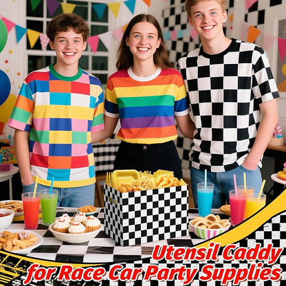 2PCS Black and White Checkered Utensil Holder Paper Utensil Caddy for Checkered Birthday Decorations Race Car Party Favors Disposable Cutlery Holder with Handles for Birthday Party Supplies