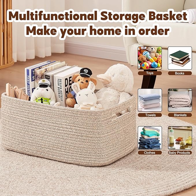OIAHOMY Storage Basket for Shelves, Closet Cube Storage Bins Baskets for Clothes Blanket Towels, Baby Nursery, Toy Baskets Box, Woven Rope Basket, 17.72 * 12.99 * 7.87 IN, 2 Packs Brown